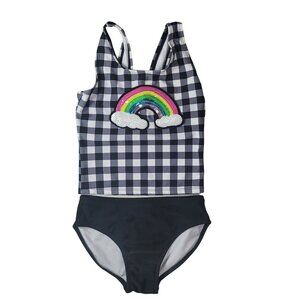 Cat & Jack Girls Rainbow Sequin 2 Piece Swimsuit Black White SZ 7 Medium Tankini